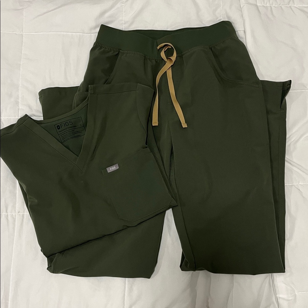 Figs Olive Green Scrub Zamora Top and Kade tall pant Set